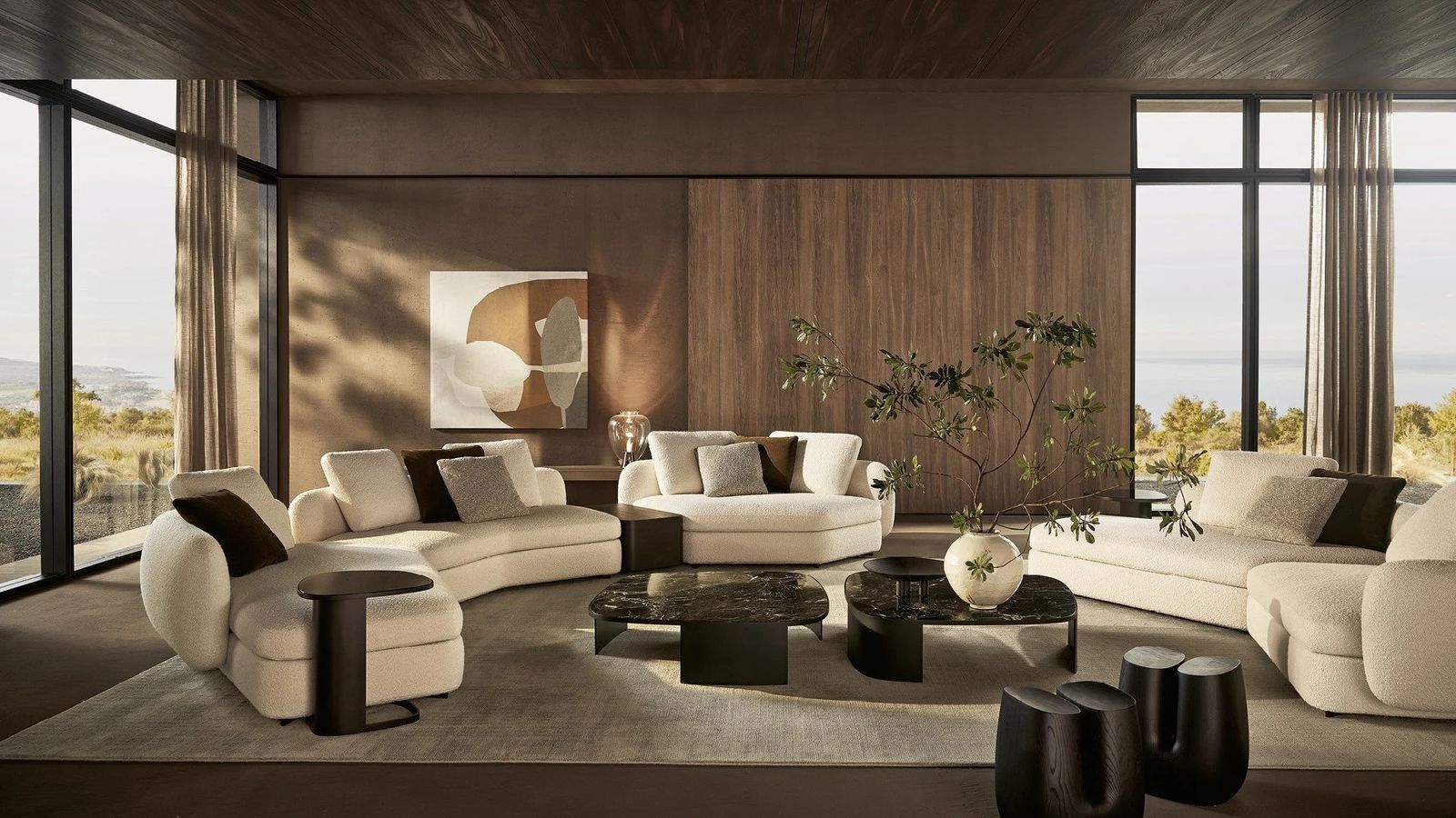 Poliform woonkamer met ronde banken en salontafels